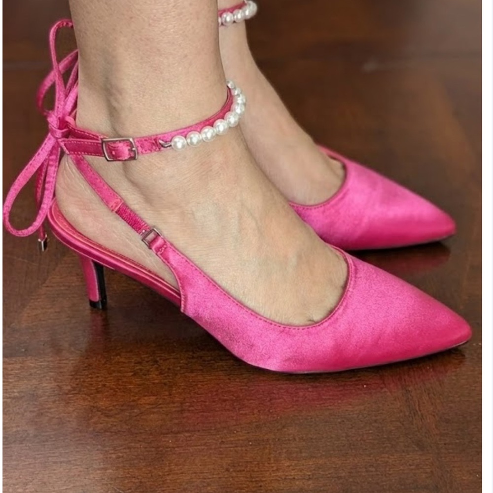 Contigo Pink Satin Heels with Pearl Embellishments